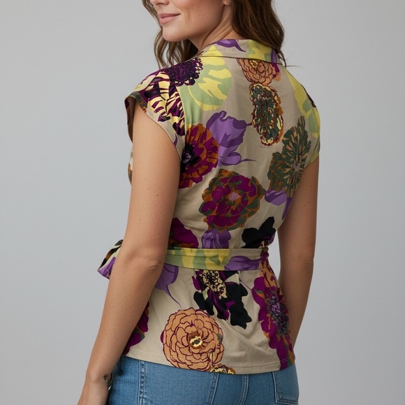 Carmen Marc Valvo Multicolor Floral Wrap Blouse V Neck Size S EUC - Picture 8 of 9